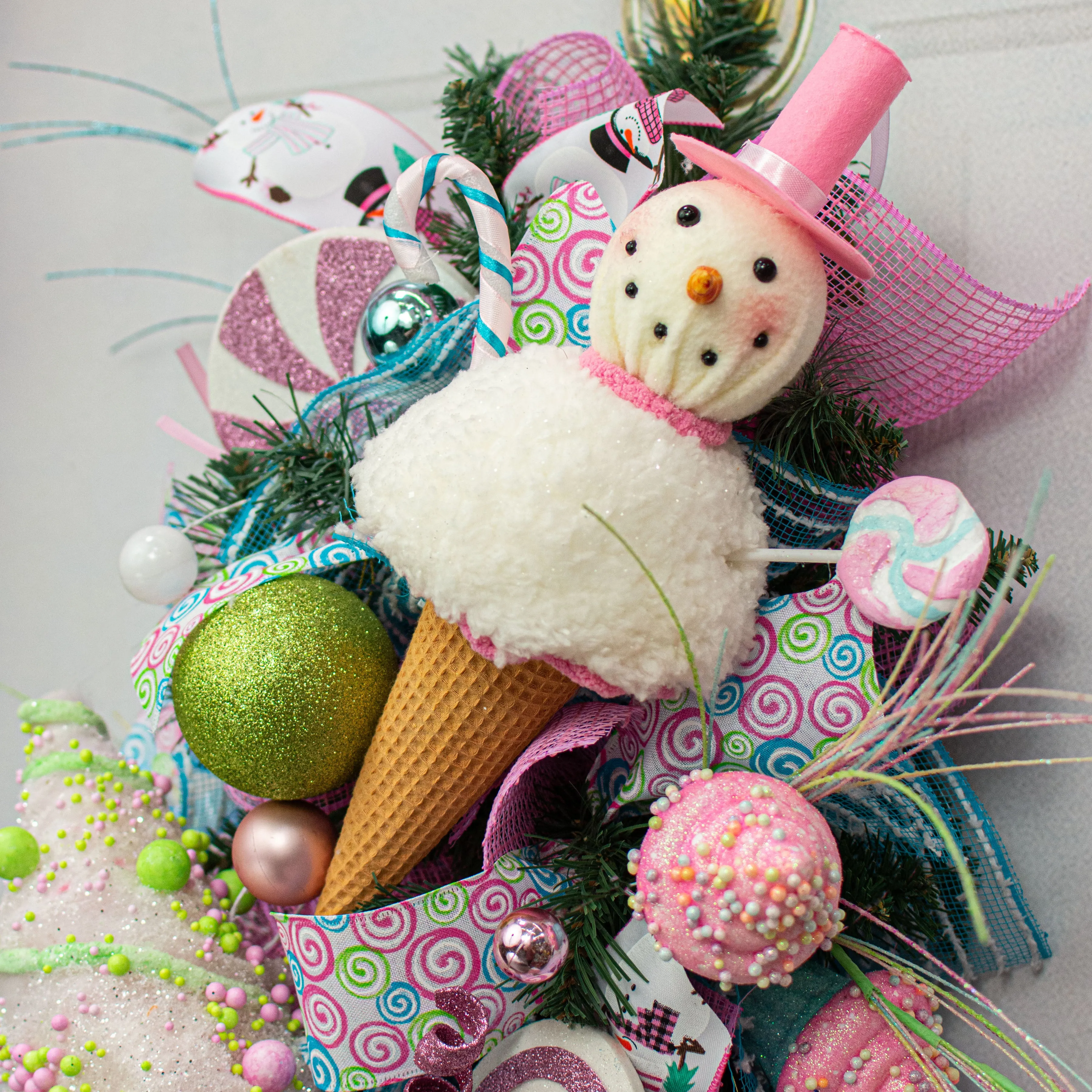 14" Snowman & Candy Ice Cream Ornament: Pink & Blue