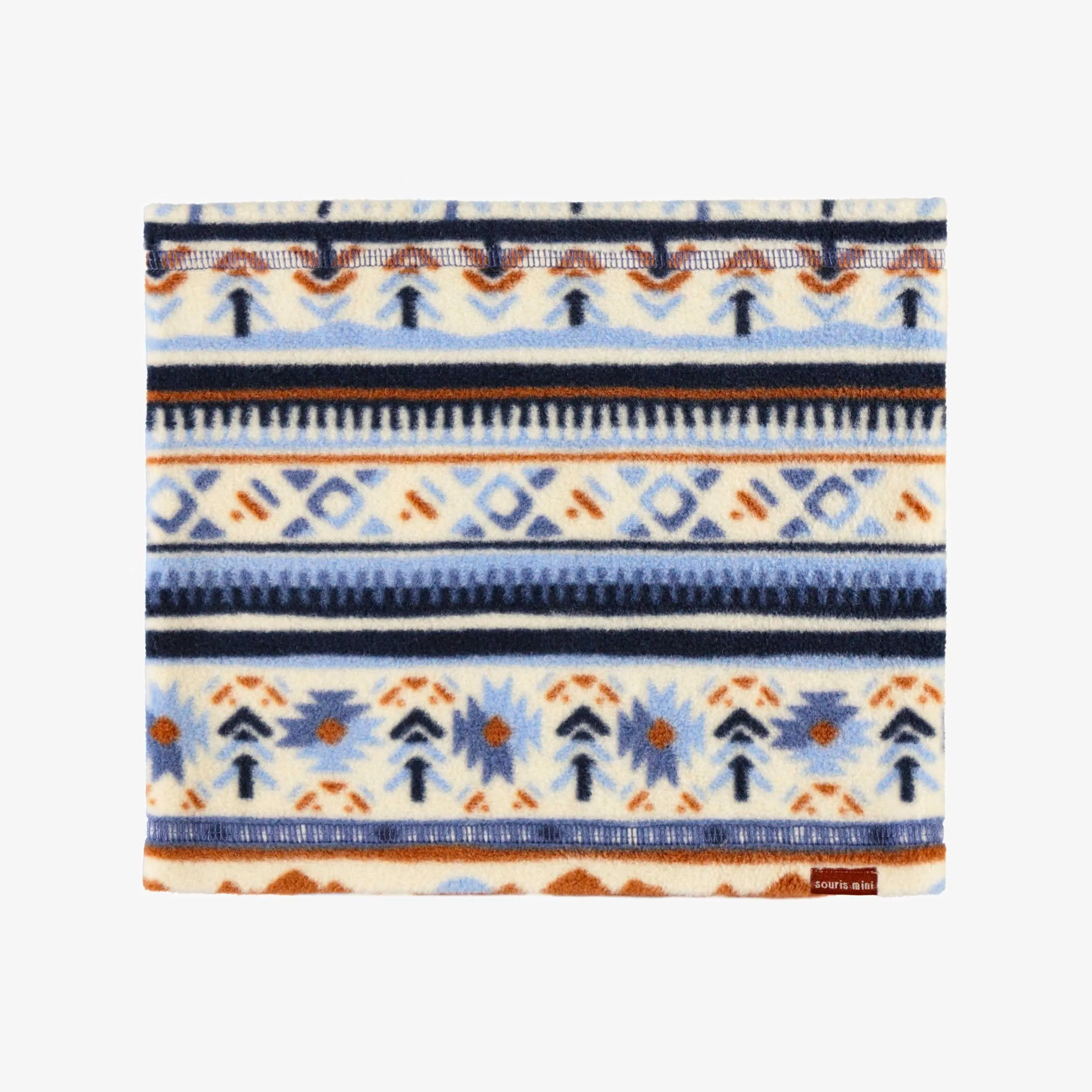 Cache-cou bleu et crème à motifs en polar, enfant || Blue and cream patterned neck warmer in fleece, child