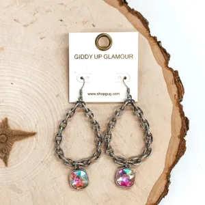 Chain Teardrop Dangle Silver Earrings with AB Cushion Cut Crystal