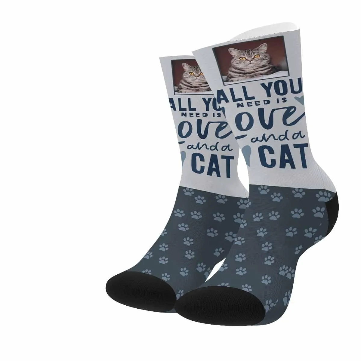 Custom Face Love Cat Grey Socks