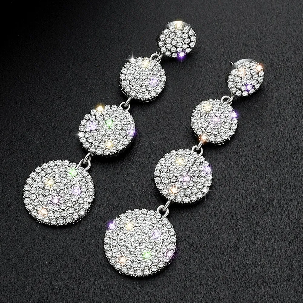 Four Round Full Rhinestone Drop Earrings for Women Big