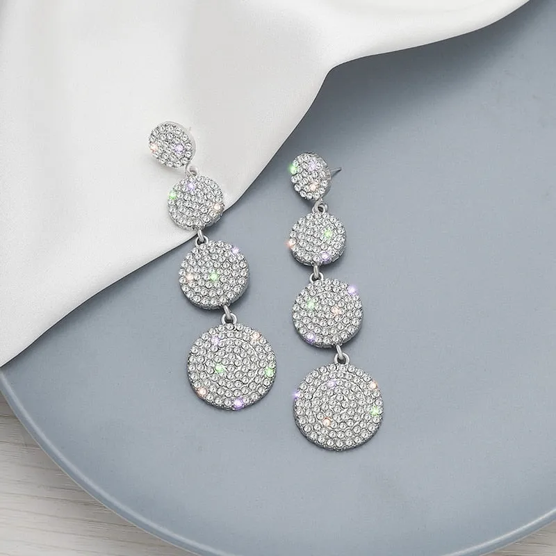 Four Round Full Rhinestone Drop Earrings for Women Big