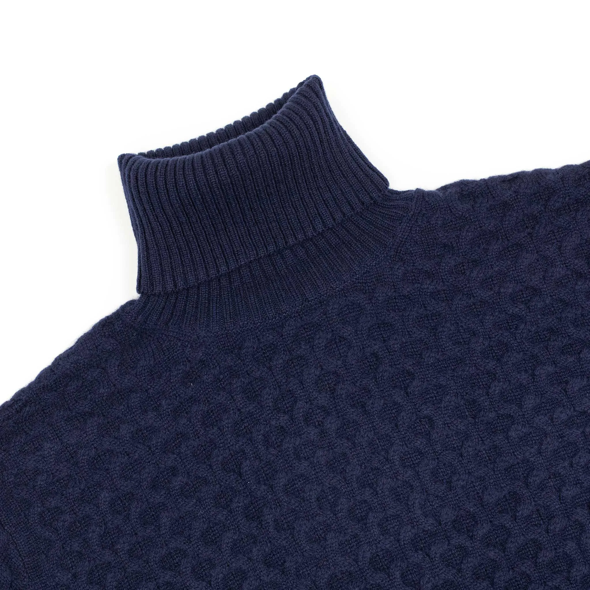 Honeycomb cable knit rollneck sweater in navy blue wool and cashmere