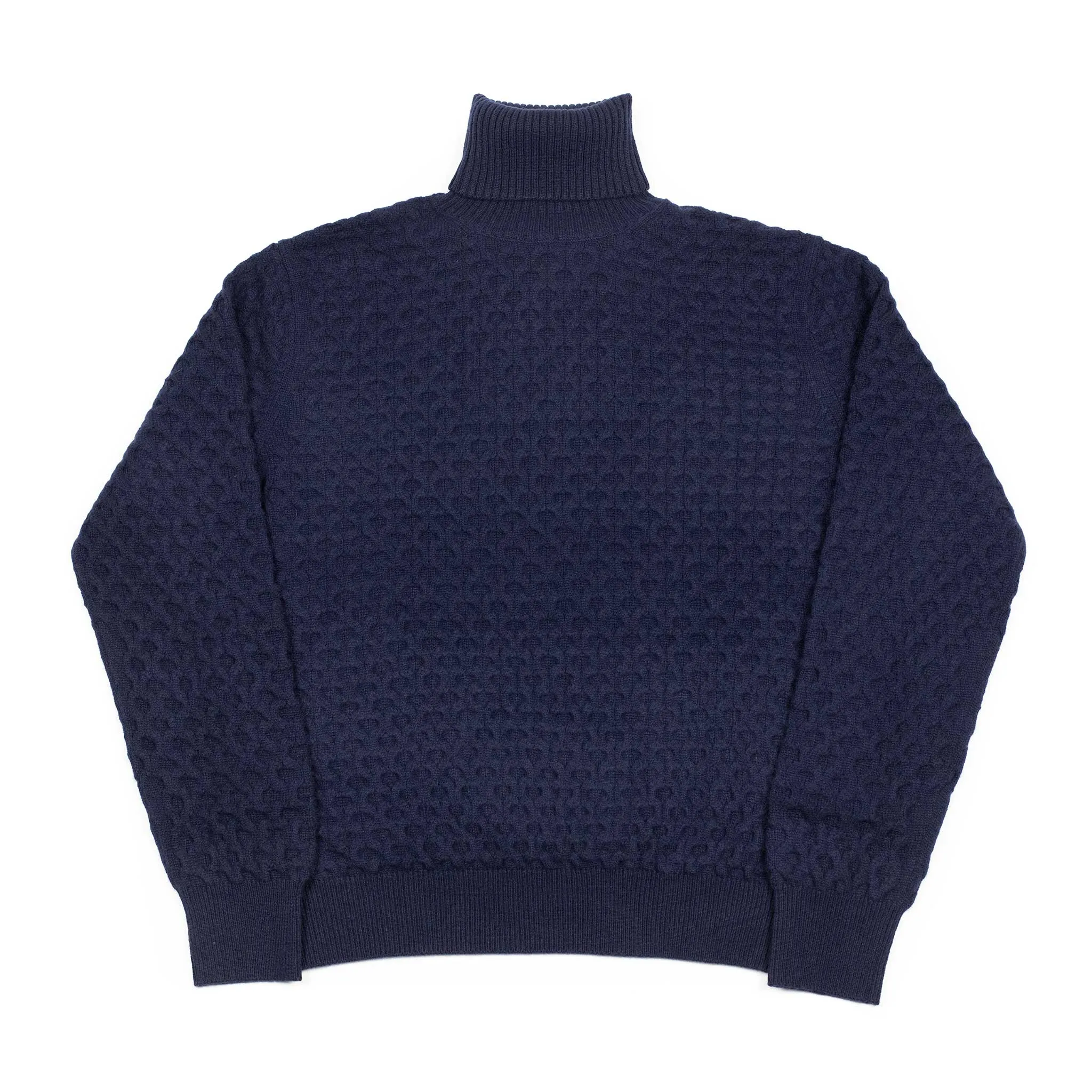 Honeycomb cable knit rollneck sweater in navy blue wool and cashmere