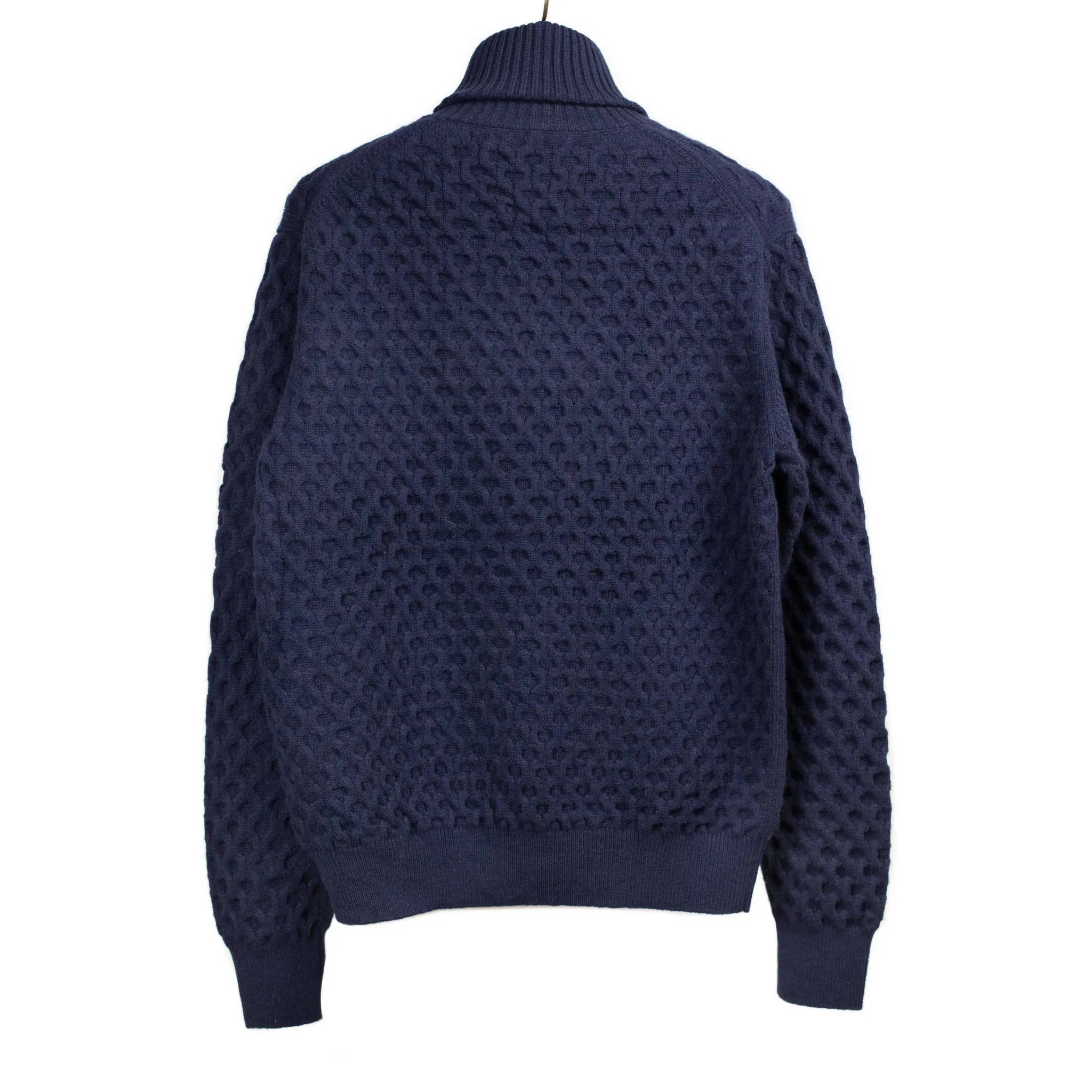 Honeycomb cable knit rollneck sweater in navy blue wool and cashmere