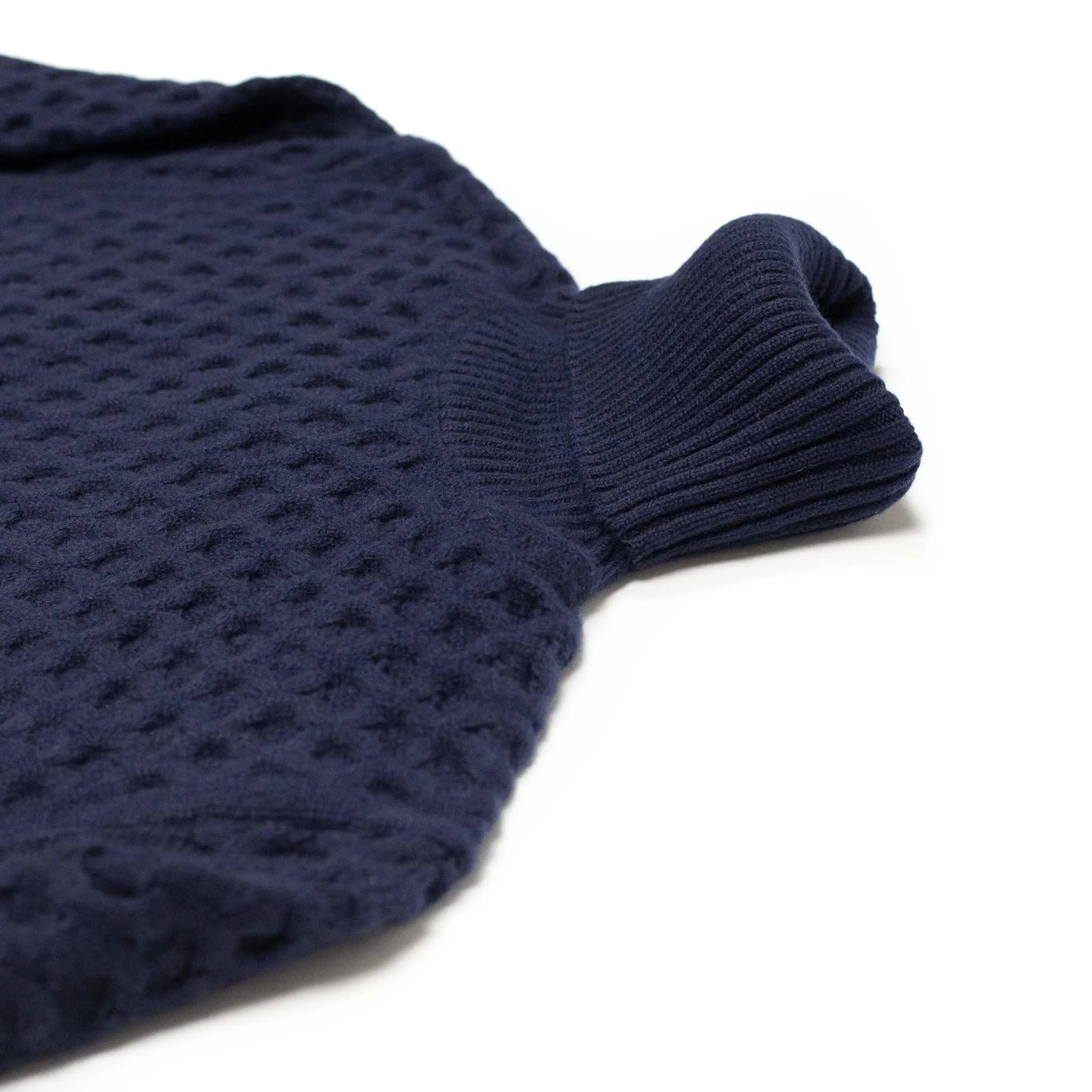 Honeycomb cable knit rollneck sweater in navy blue wool and cashmere