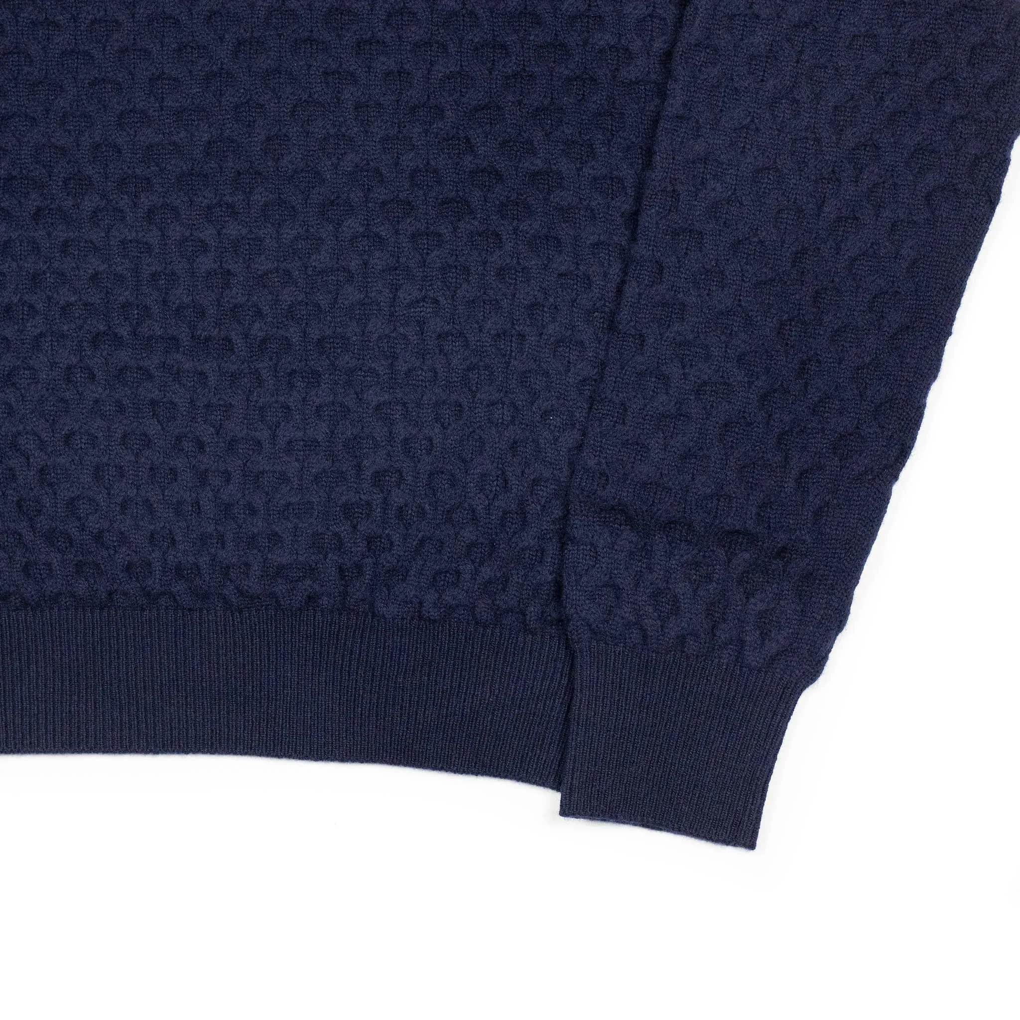 Honeycomb cable knit rollneck sweater in navy blue wool and cashmere