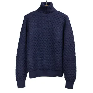 Honeycomb cable knit rollneck sweater in navy blue wool and cashmere