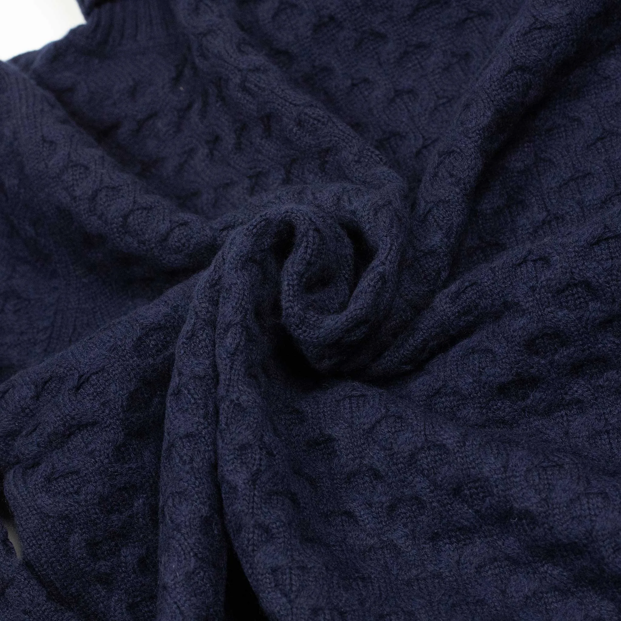 Honeycomb cable knit rollneck sweater in navy blue wool and cashmere