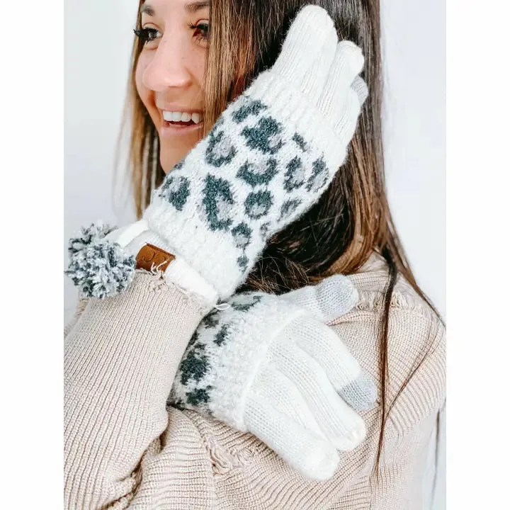 Leopard Print Pom Gloves