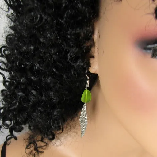 Olive Green Sea Glass & Silver Mesh Drop Earrings