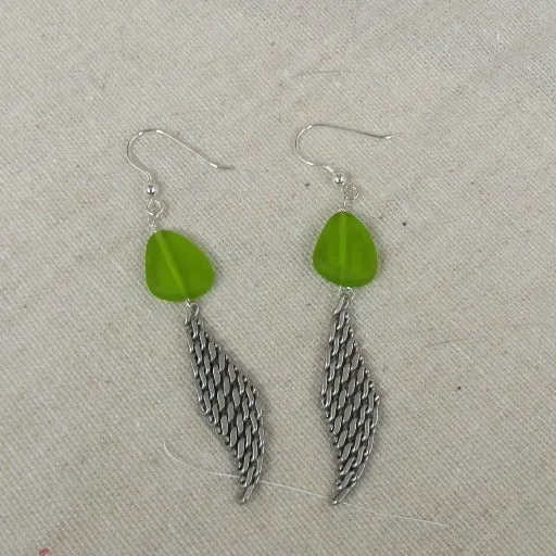 Olive Green Sea Glass & Silver Mesh Drop Earrings