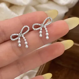 Pearl Drop Bow Styled Silver Pin Earrings JLT12911