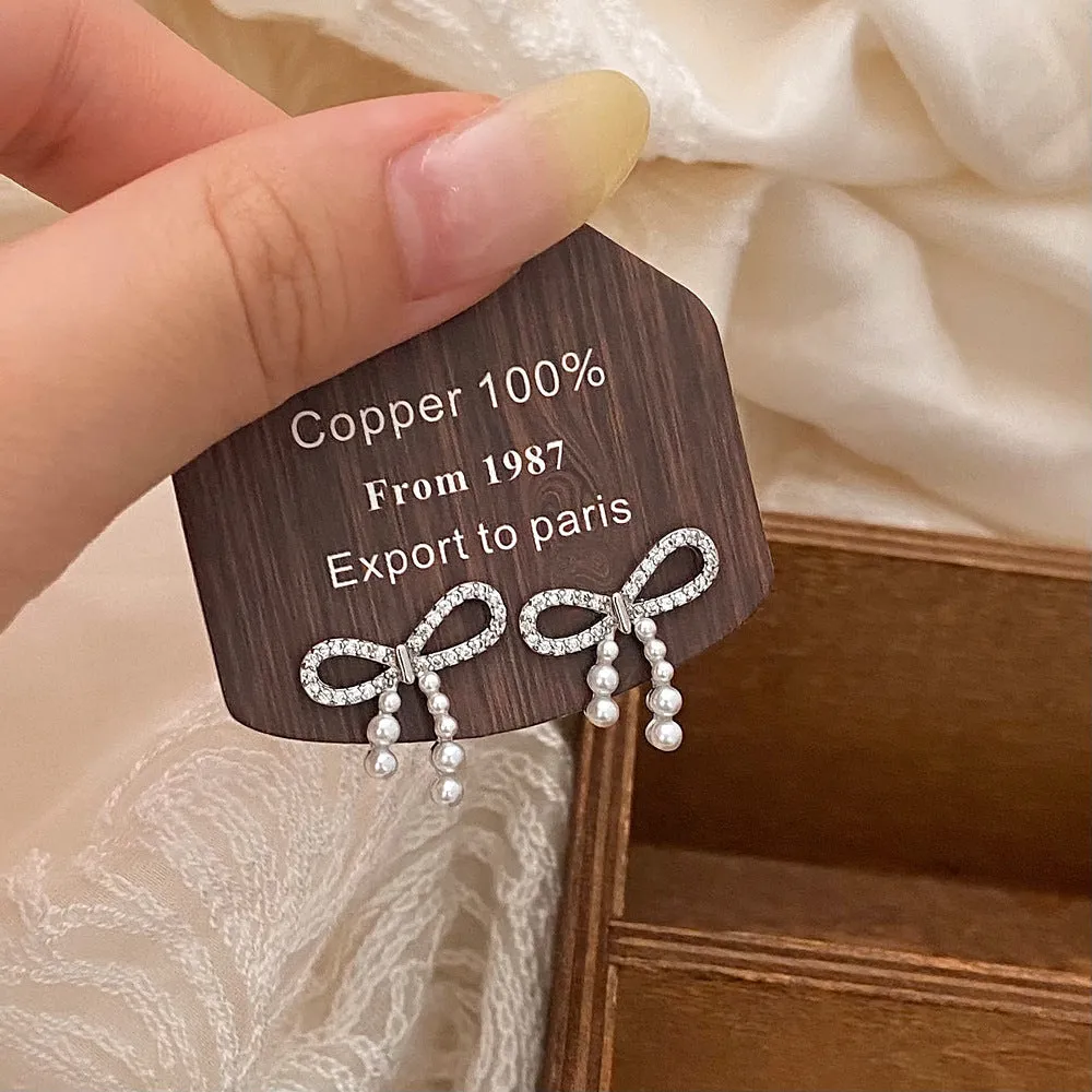 Pearl Drop Bow Styled Silver Pin Earrings JLT12911