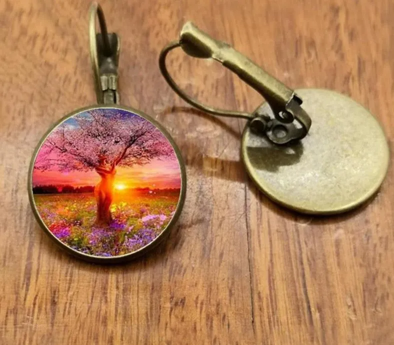 Tree of life Stud Earrings Weeping Willow Ear Nail Life Tree Jewelry Glass Dome Earrings For Women